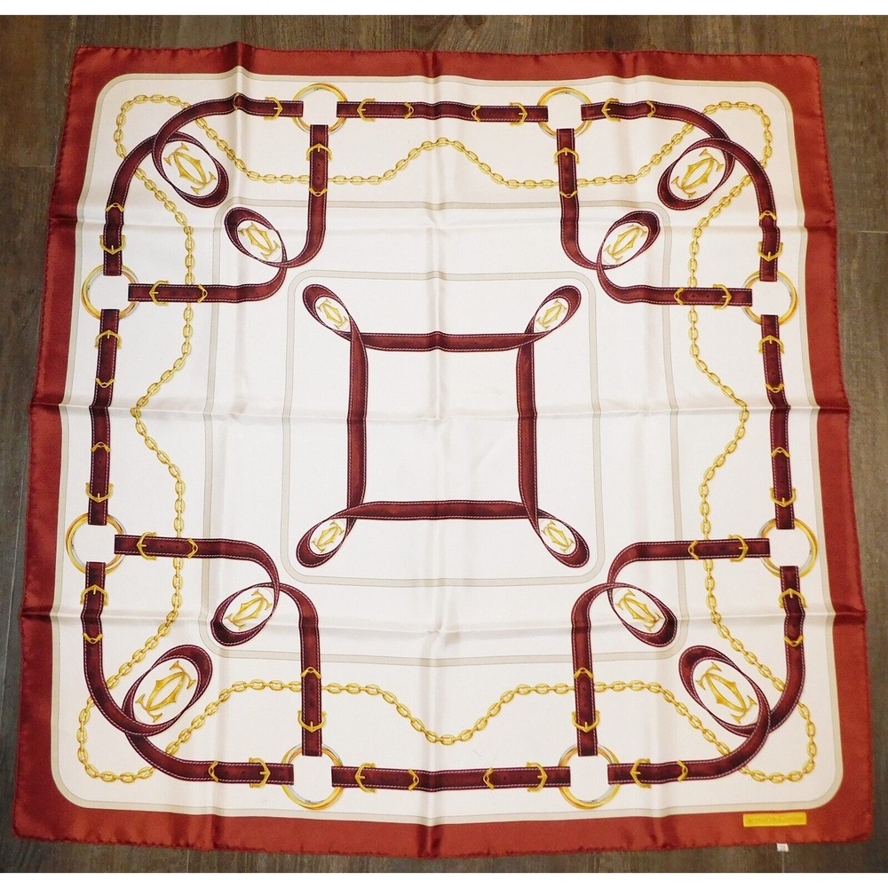 Must De Cartier Brown Saddle Silver Chain 100% Silk Scarf France 34‎ x 34 inch